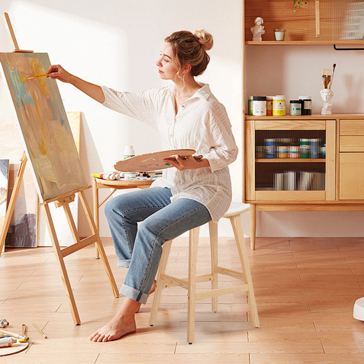 4X Wooden Bar Stool | Padded Fabric Dining Chair | Kanso | 65cm | Beige