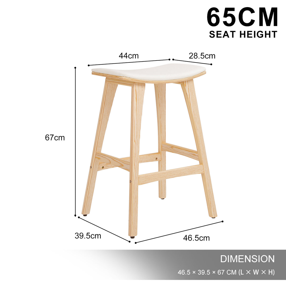 4X Wooden Bar Stool | Padded Fabric Dining Chair | Kanso | 65cm | Beige