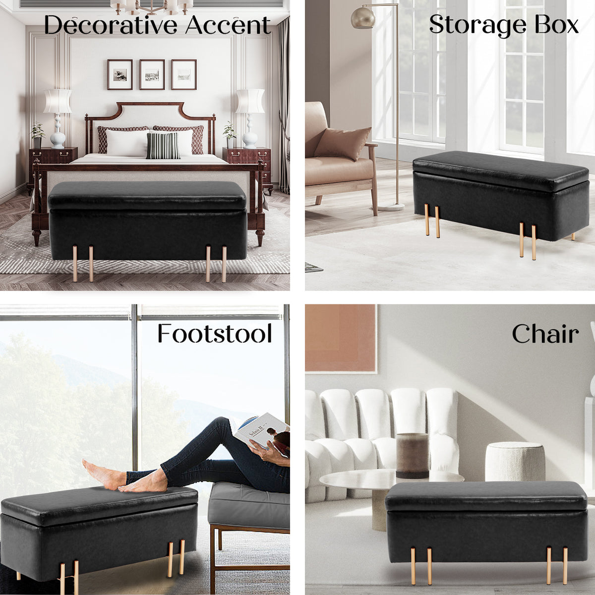 Storage Ottoman Stool Bench Seat | 97cm | PU Leather | Black