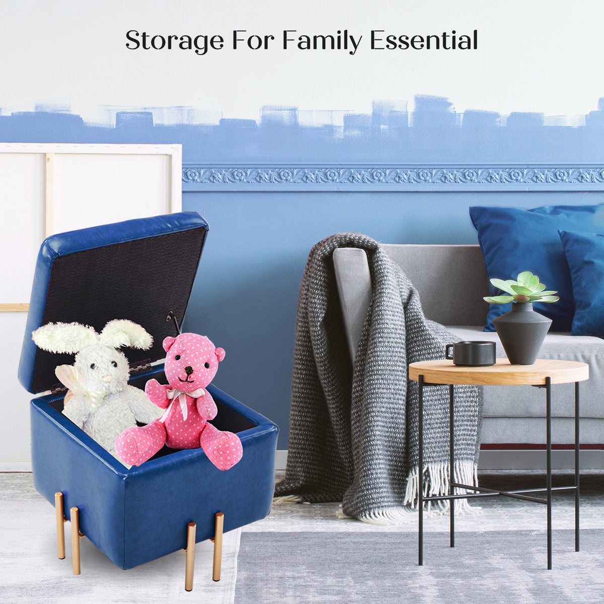 Storage Ottoman Foot Stool Cube Tuffet Seat | 45cm | PU Leather | Blue