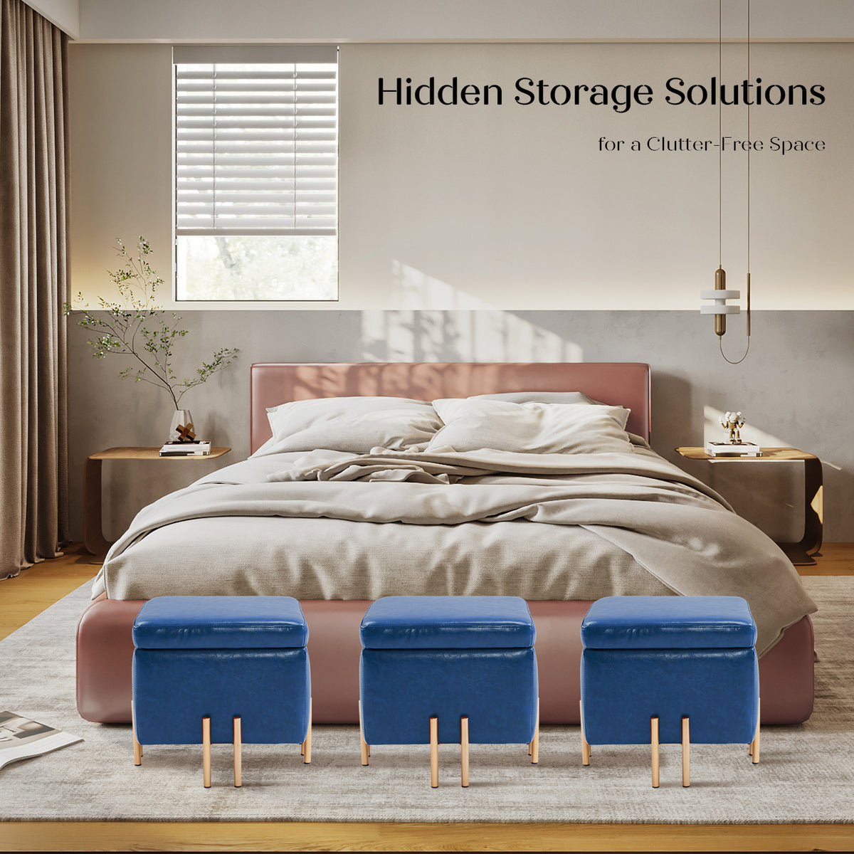 2x Storage Ottoman Foot Stool Cube Tuffet Seat | 45cm | PU Leather | Blue