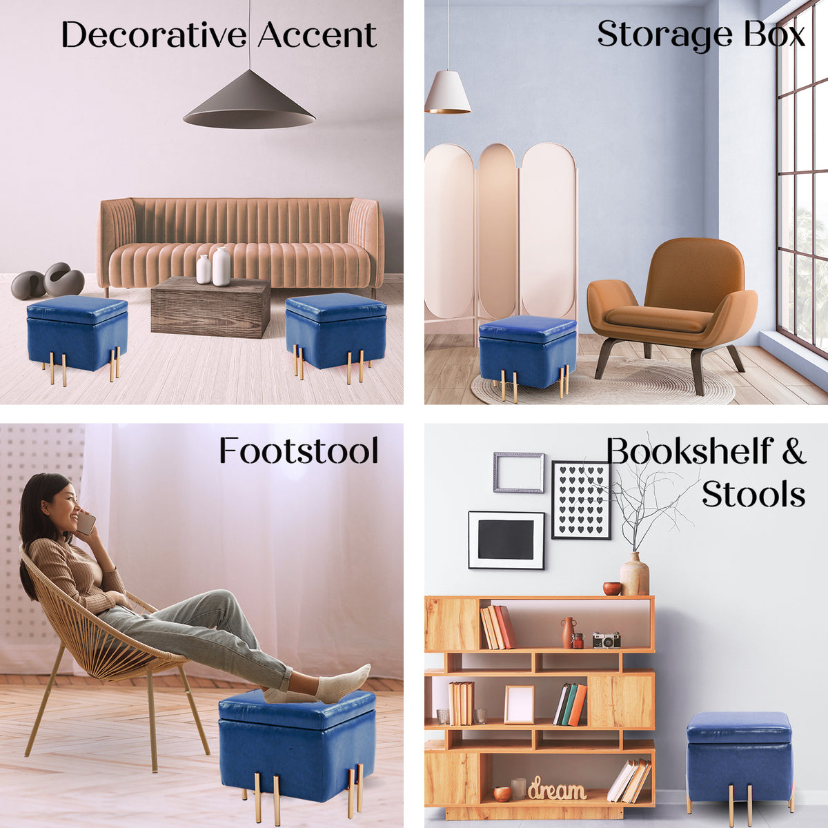 2x Storage Ottoman Foot Stool Cube Tuffet Seat | 45cm | PU Leather | Blue