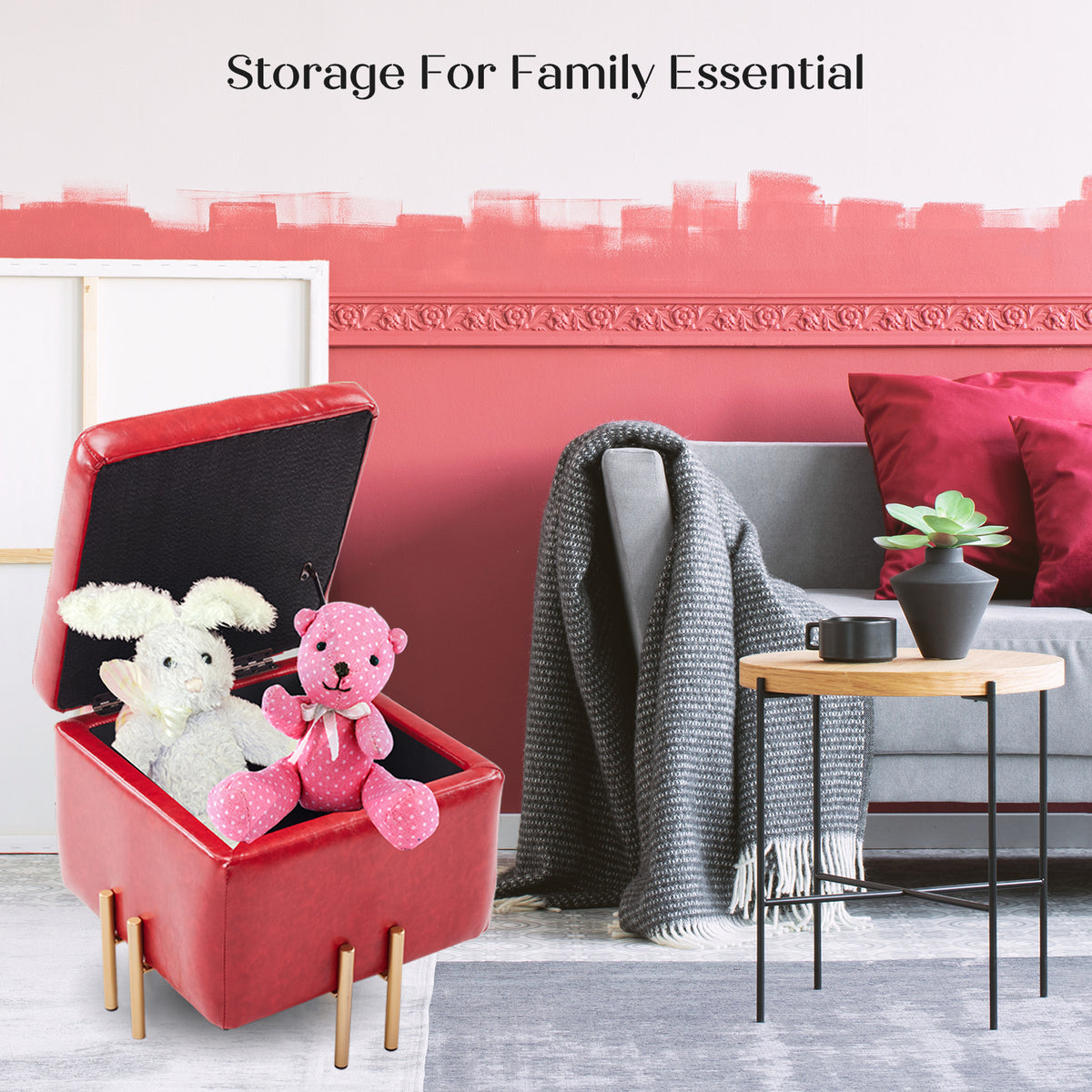 Storage Ottoman Foot Stool Cube Tuffet Seat | 45cm | PU Leather | Red