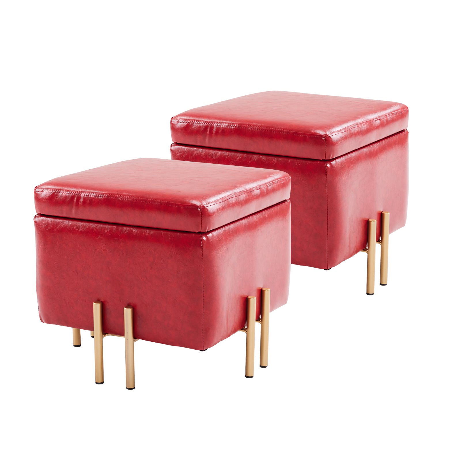 2x Storage Ottoman Foot Stool Cube Tuffet Seat | 45cm | PU Leather | Red