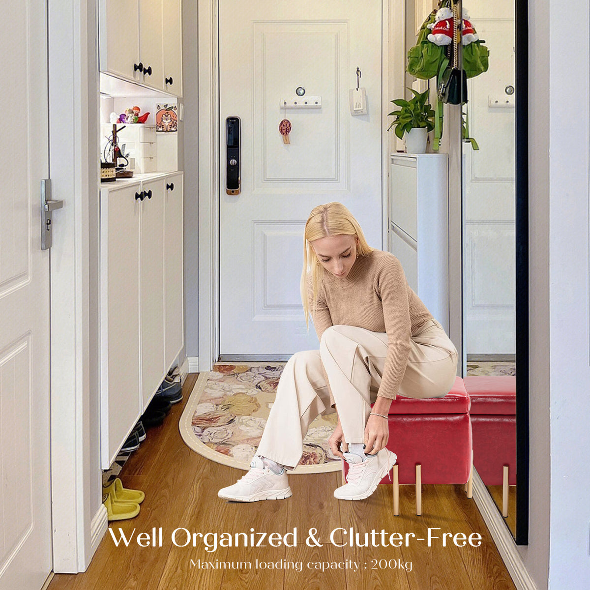 2x Storage Ottoman Foot Stool Cube Tuffet Seat | 45cm | PU Leather | Red