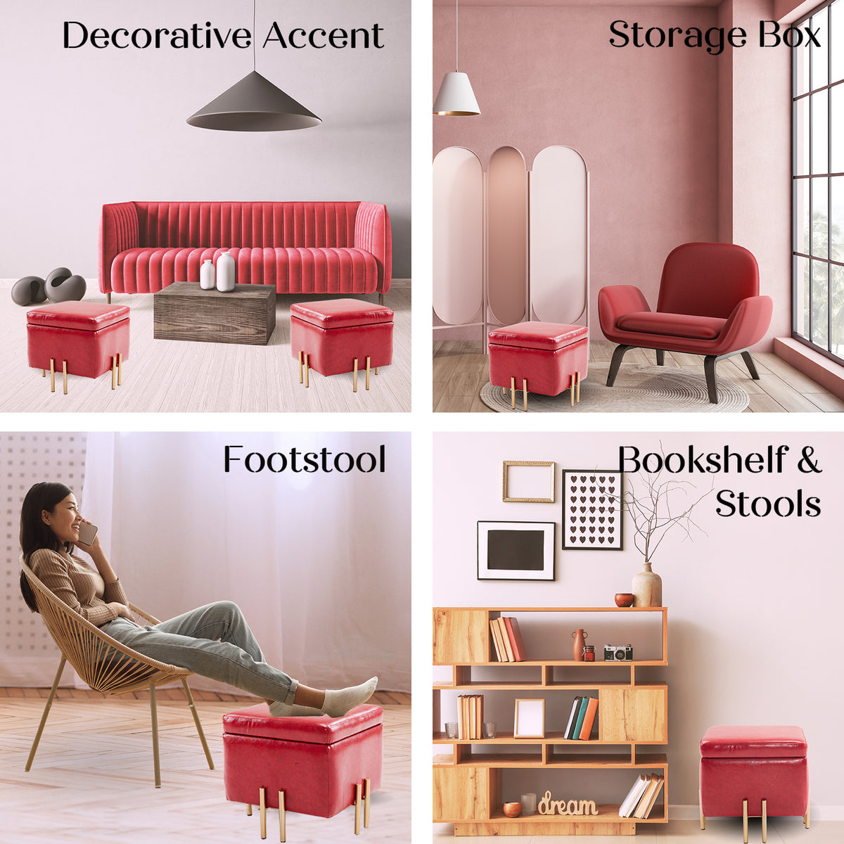 2x Storage Ottoman Foot Stool Cube Tuffet Seat | 45cm | PU Leather | Red