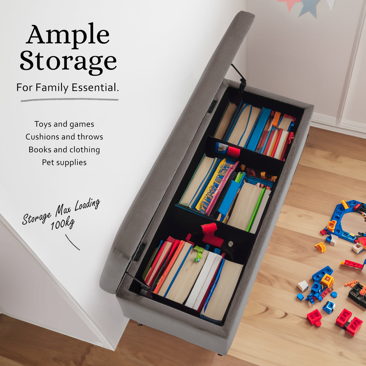 Storage Ottoman Stool Bench Seat | 110cm | Velvet | Grey