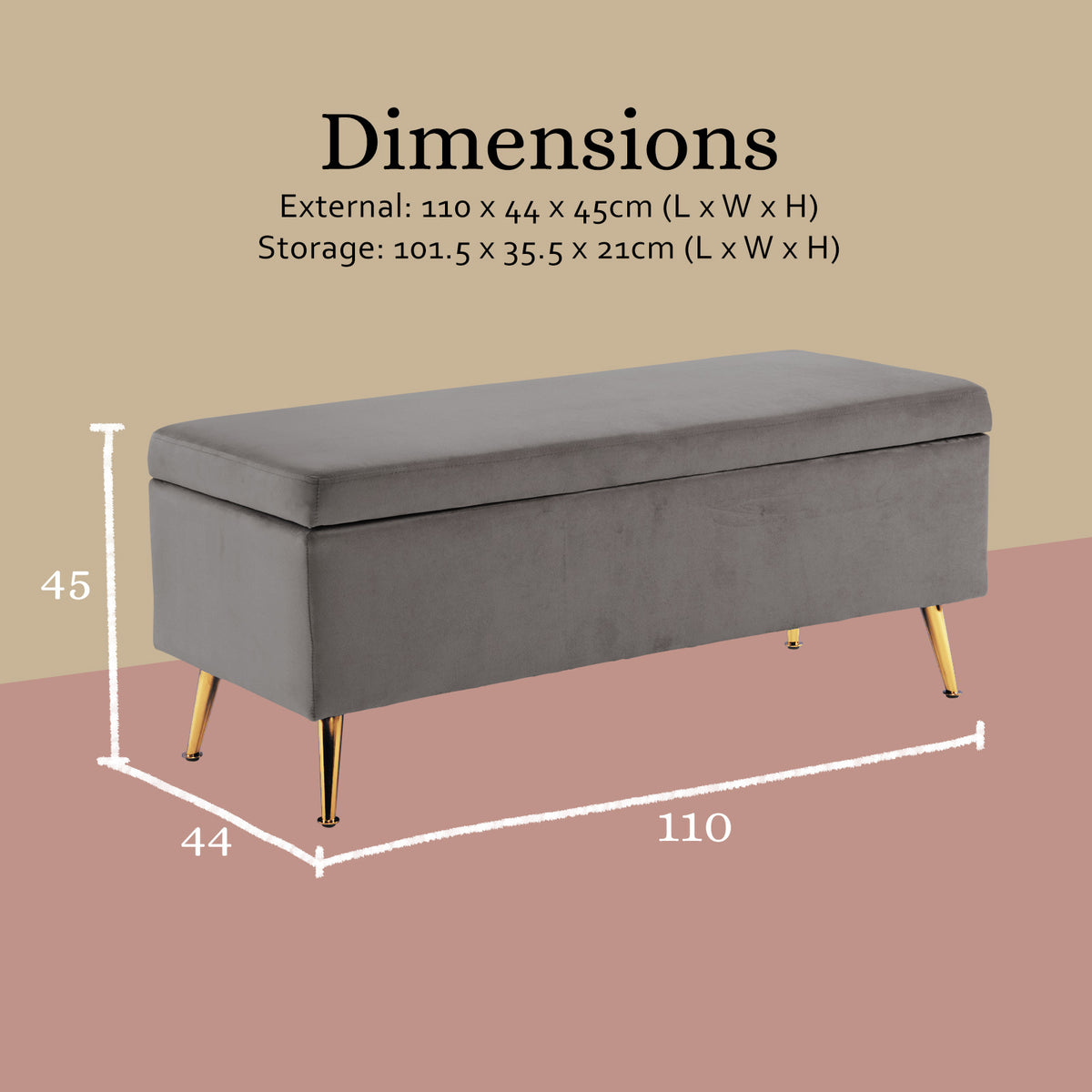Storage Ottoman Stool Bench Seat | 110cm | Velvet | Grey