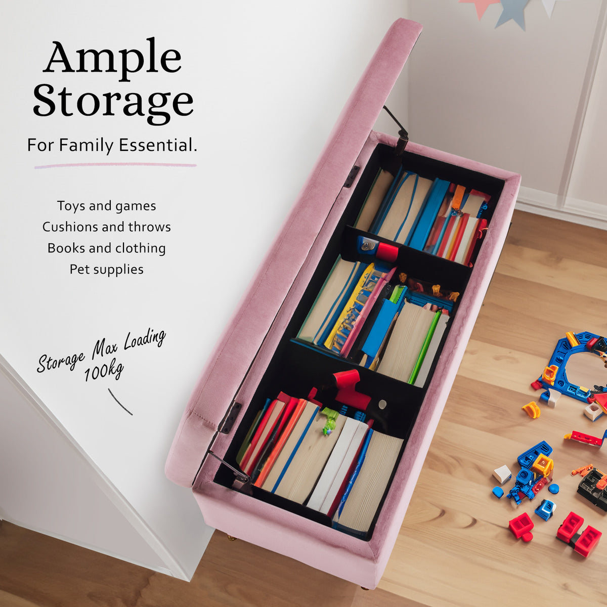 Storage Ottoman Stool Bench Seat | 110cm | Velvet | Pink