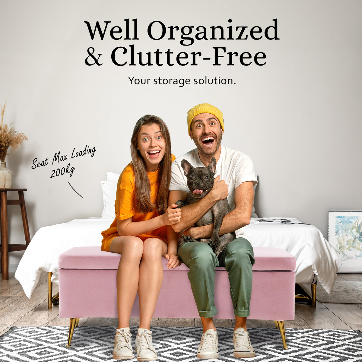 Storage Ottoman Stool Bench Seat | 110cm | Velvet | Pink