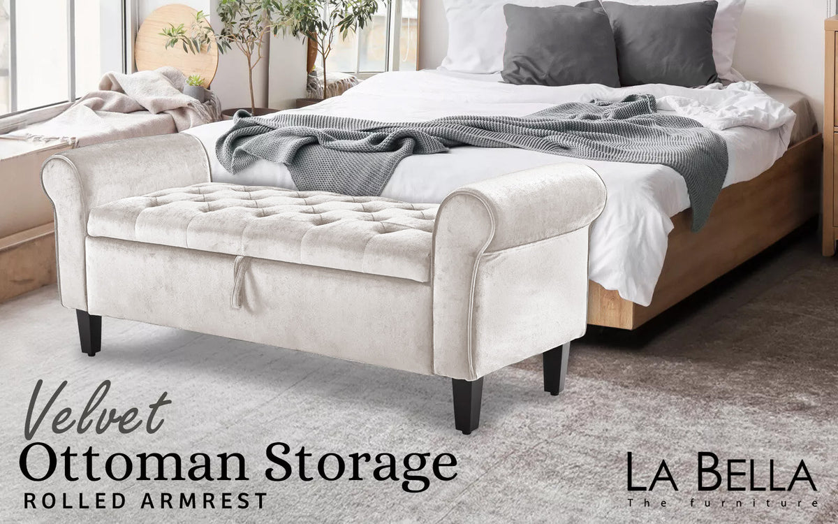 Storage Ottoman Stool | Arm Bench Seat | Velvet | 132cm | Beige