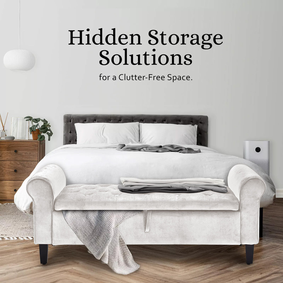 Storage Ottoman Stool | Arm Bench Seat | Velvet | 132cm | Beige