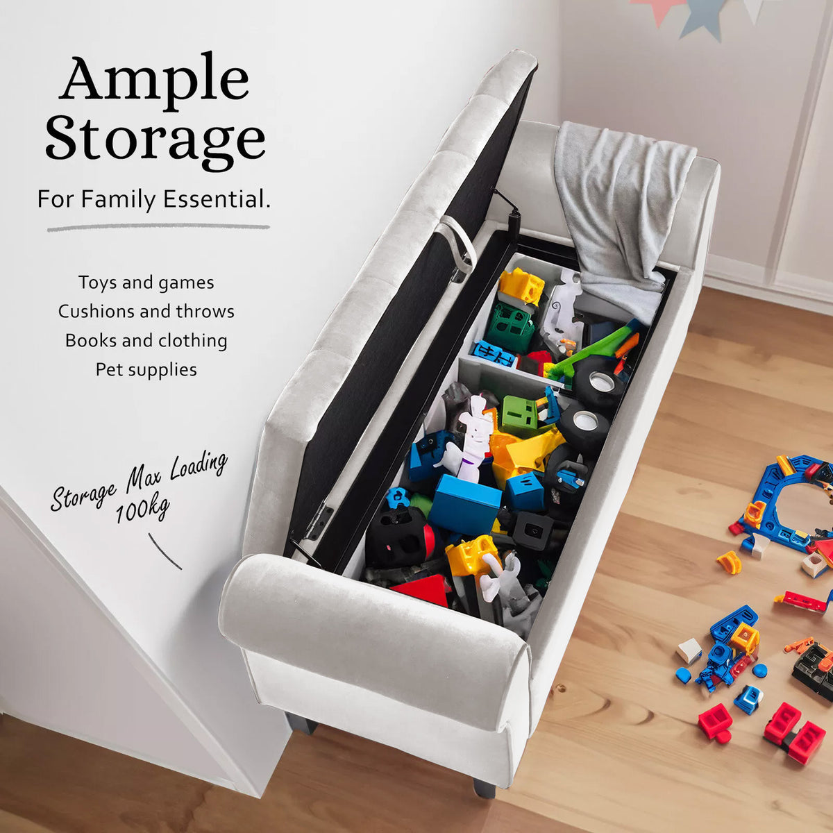 Storage Ottoman Stool | Arm Bench Seat | Velvet | 132cm | Beige