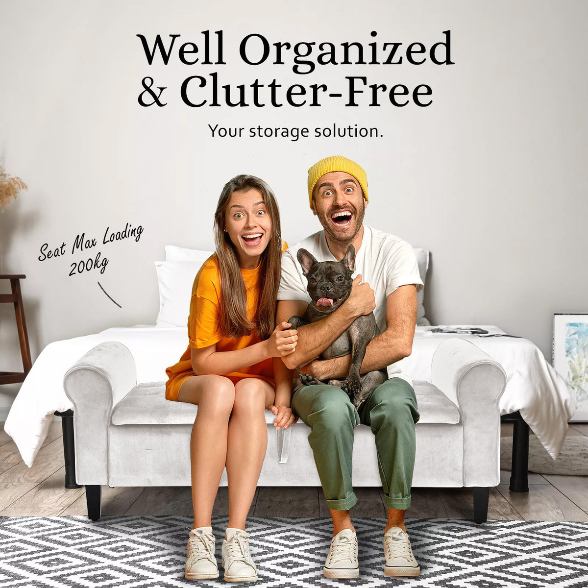 Storage Ottoman Stool | Arm Bench Seat | Velvet | 132cm | Beige