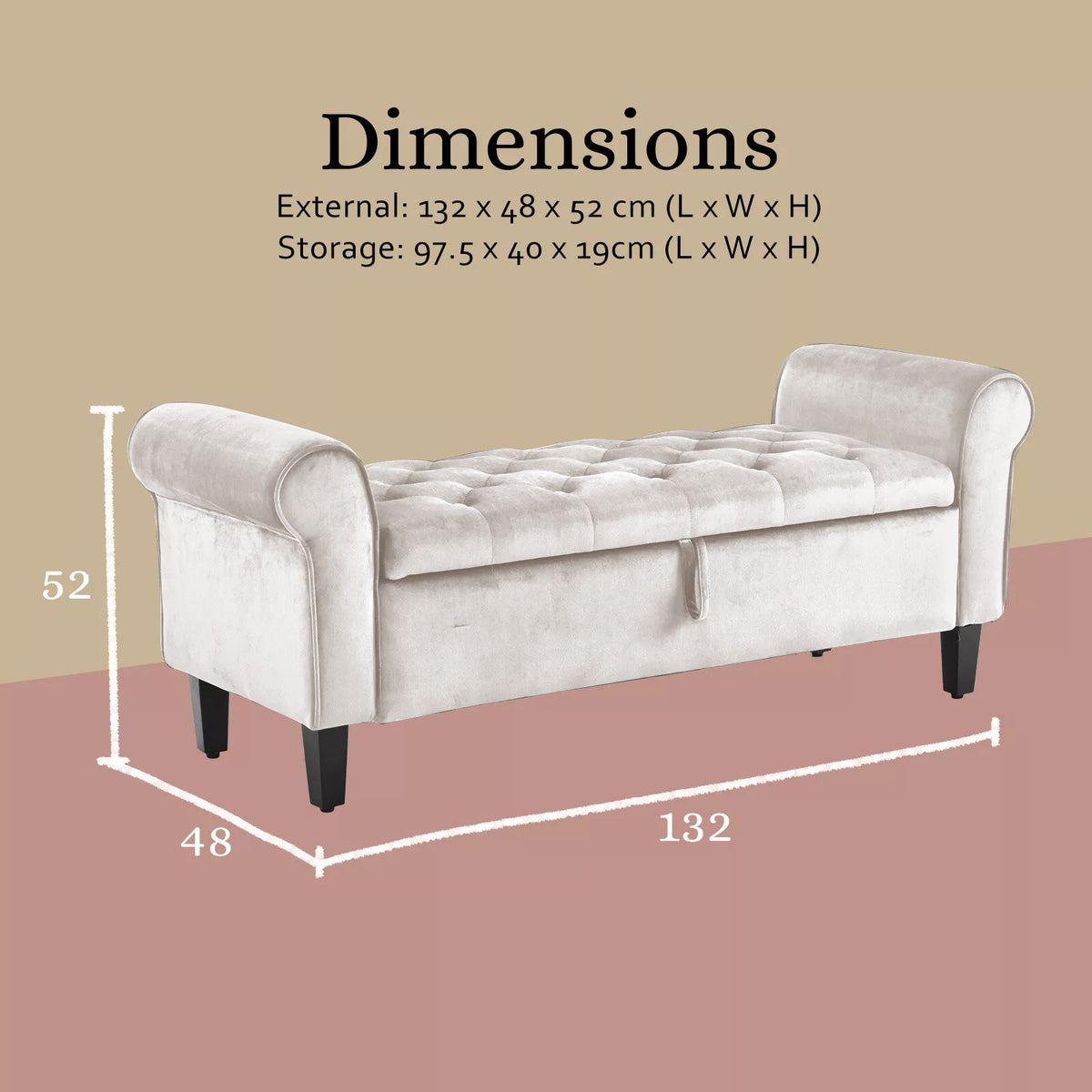 Storage Ottoman Stool | Arm Bench Seat | Velvet | 132cm | Beige