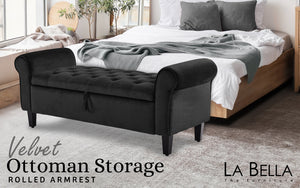 Storage Ottoman Stool Arm Bench Seat | 132cm | Velvet | Black