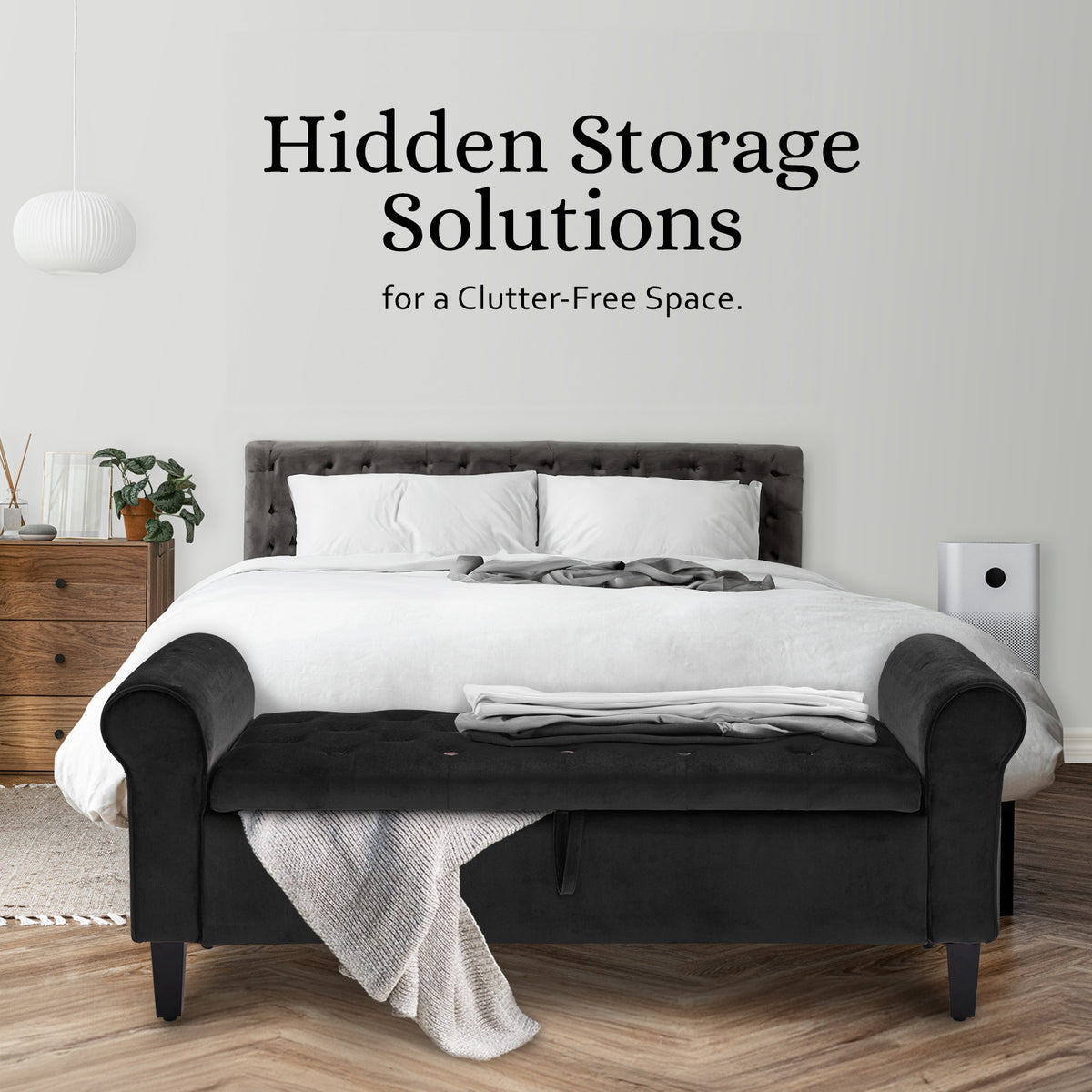 Storage Ottoman Stool Arm Bench Seat | 132cm | Velvet | Black