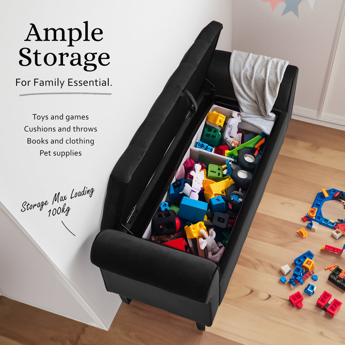 Storage Ottoman Stool Arm Bench Seat | 132cm | Velvet | Black