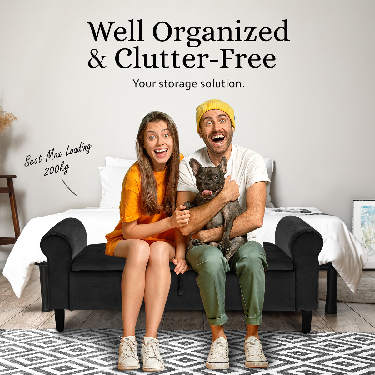 Storage Ottoman Stool Arm Bench Seat | 132cm | Velvet | Black