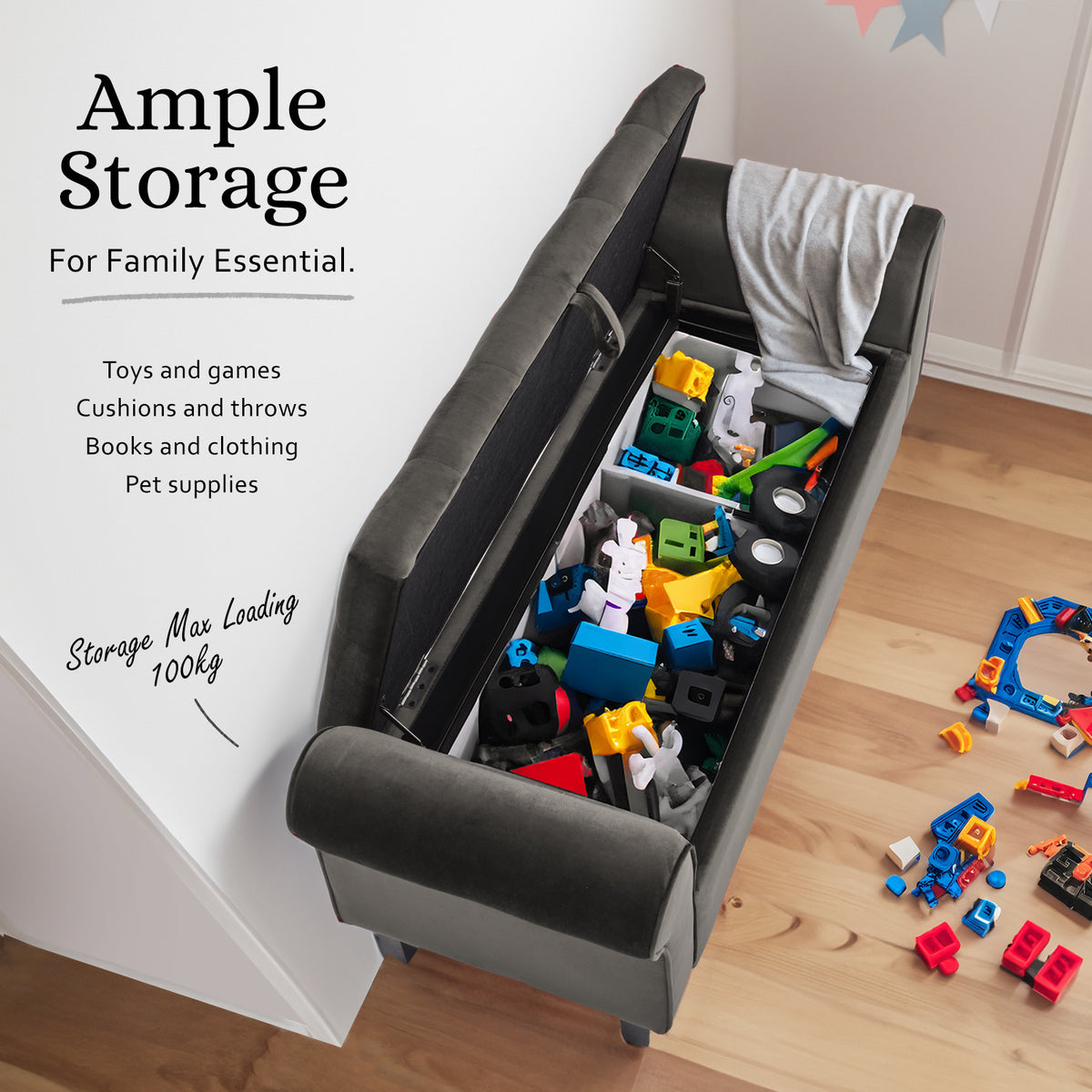 Storage Ottoman Stool Arm Bench Seat | 132cm | Velvet | Grey