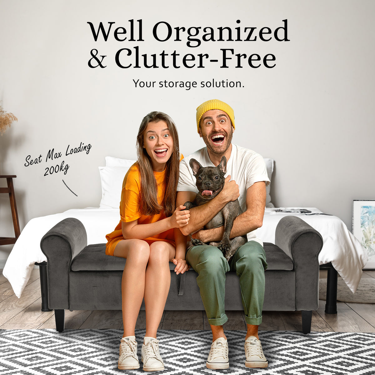 Storage Ottoman Stool Arm Bench Seat | 132cm | Velvet | Grey