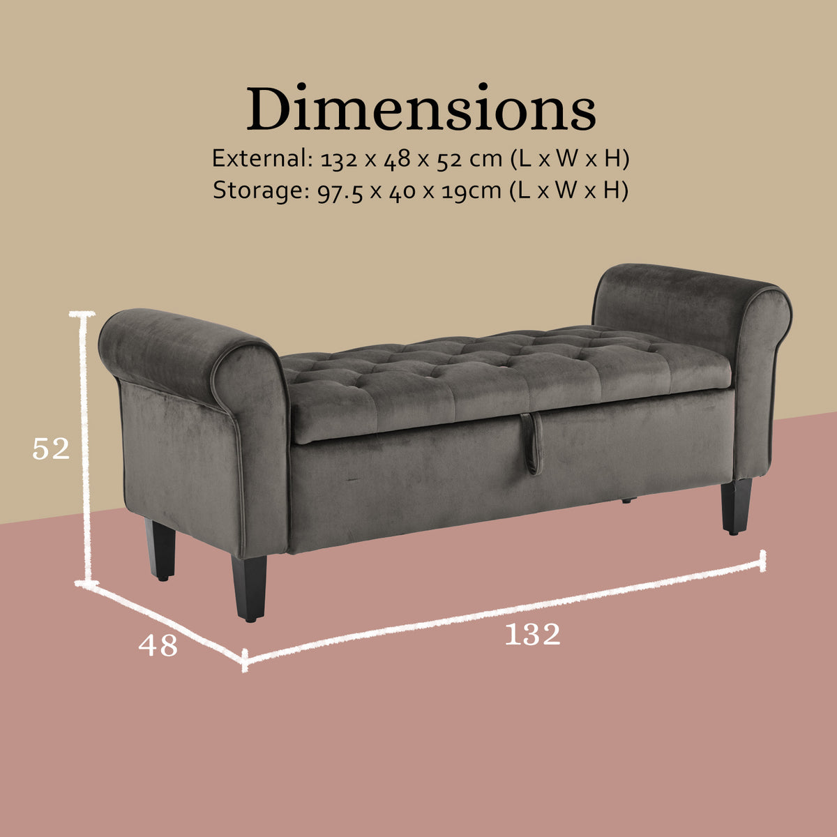 Storage Ottoman Stool Arm Bench Seat | 132cm | Velvet | Grey