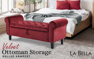 Storage Ottoman Stool Arm Bench Seat | 132cm | Velvet | Red