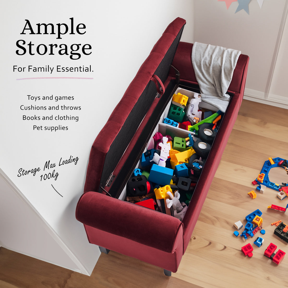 Storage Ottoman Stool Arm Bench Seat | 132cm | Velvet | Red