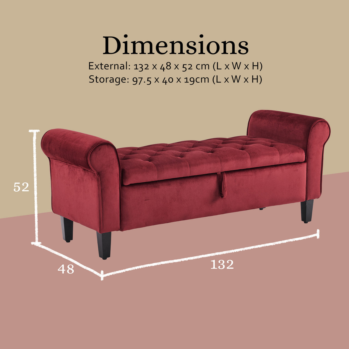 Storage Ottoman Stool Arm Bench Seat | 132cm | Velvet | Red