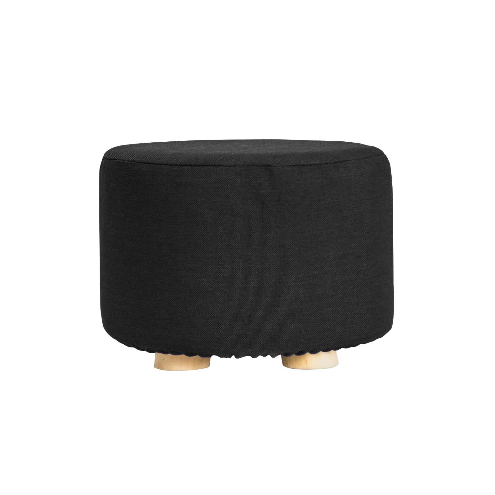 Fabric Ottoman Round Wooden Leg Foot Stool | BLACK