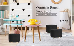 Fabric Ottoman Round Wooden Leg Foot Stool | BLACK