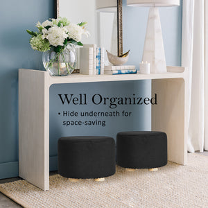 Fabric Ottoman Round Wooden Leg Foot Stool | BLACK