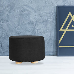 Fabric Ottoman Round Wooden Leg Foot Stool | BLACK