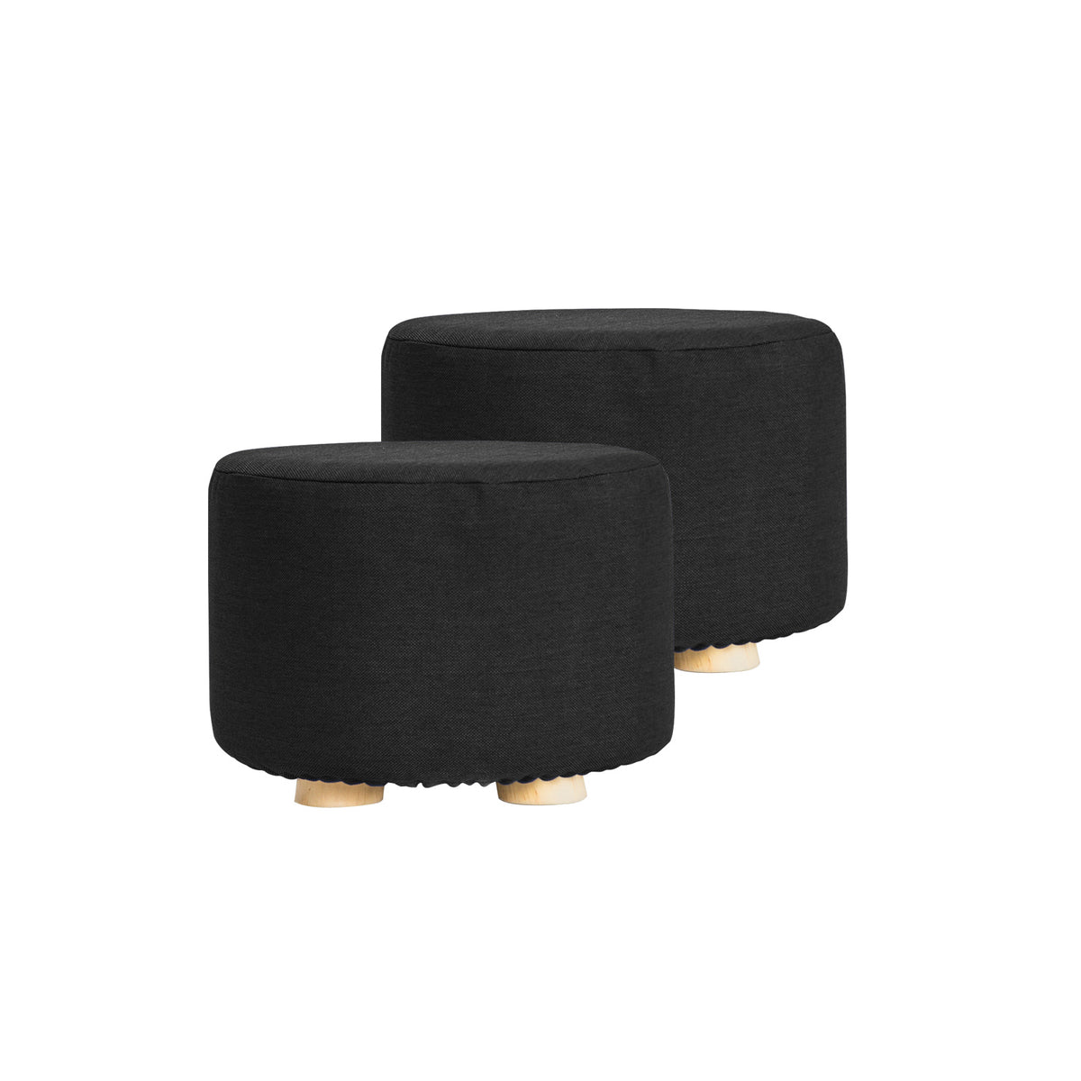 2X Fabric Ottoman Round Wooden Leg Foot Stool | BLACK
