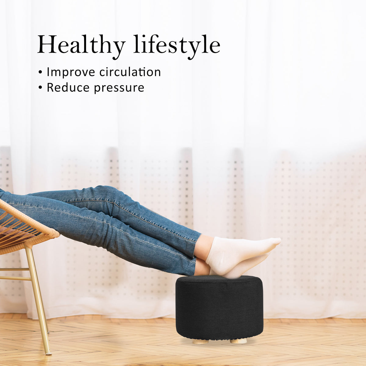 2X Fabric Ottoman Round Wooden Leg Foot Stool | BLACK