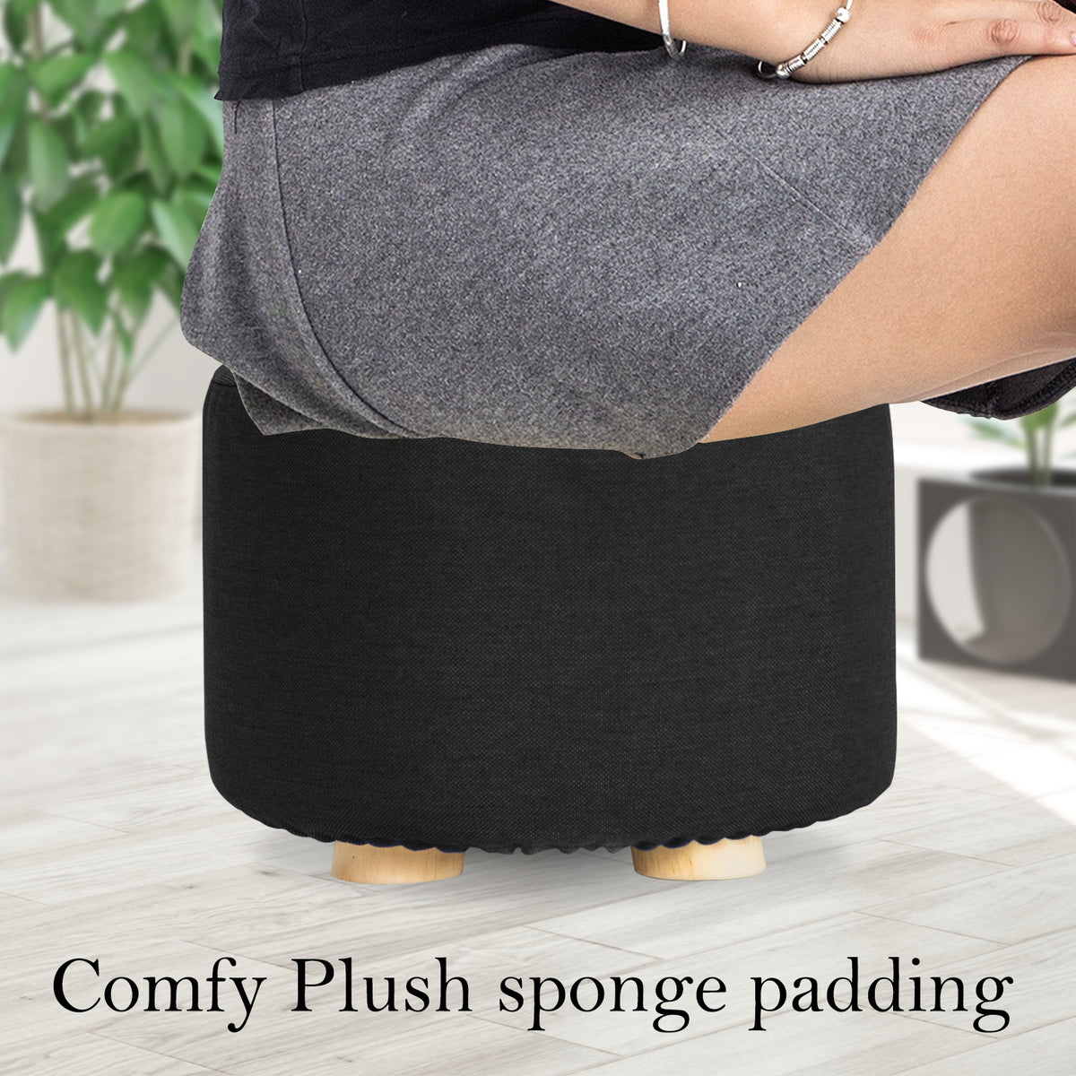 2X Fabric Ottoman Round Wooden Leg Foot Stool | BLACK