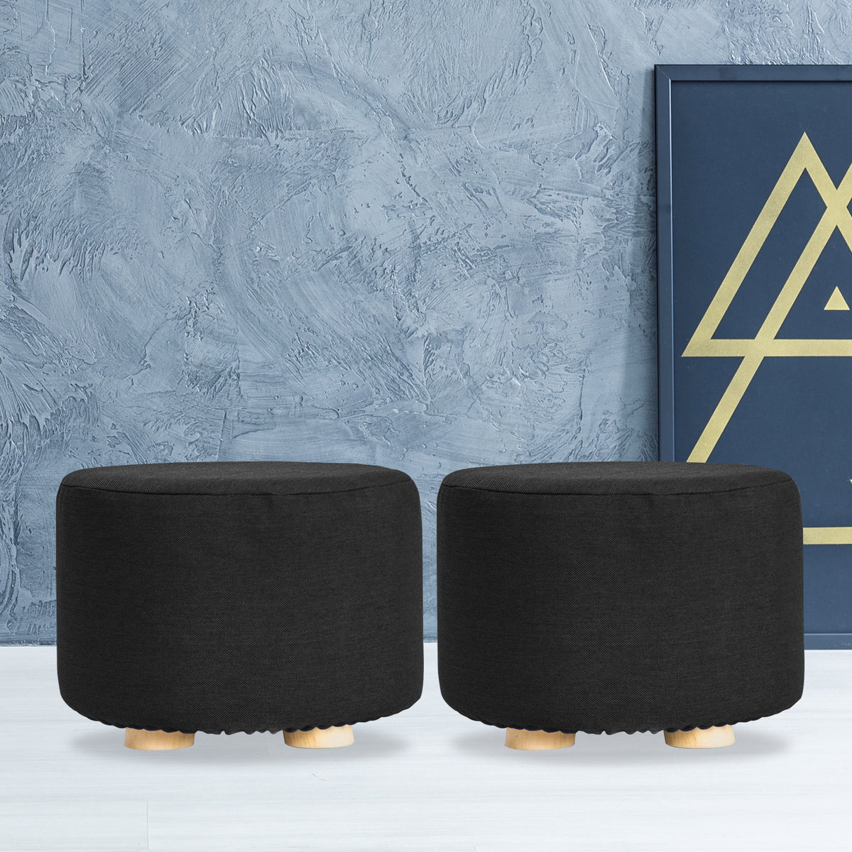 2X Fabric Ottoman Round Wooden Leg Foot Stool | BLACK