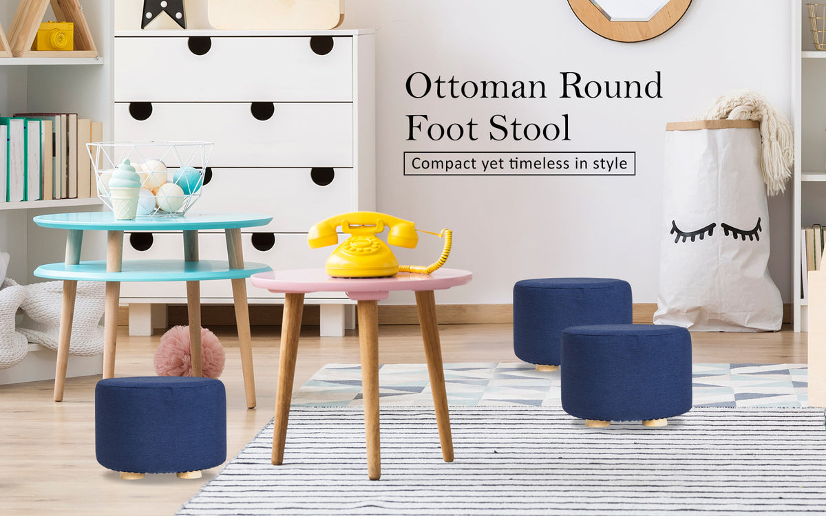 Fabric Ottoman Round Wooden Leg Foot Stool | DARK BLUE