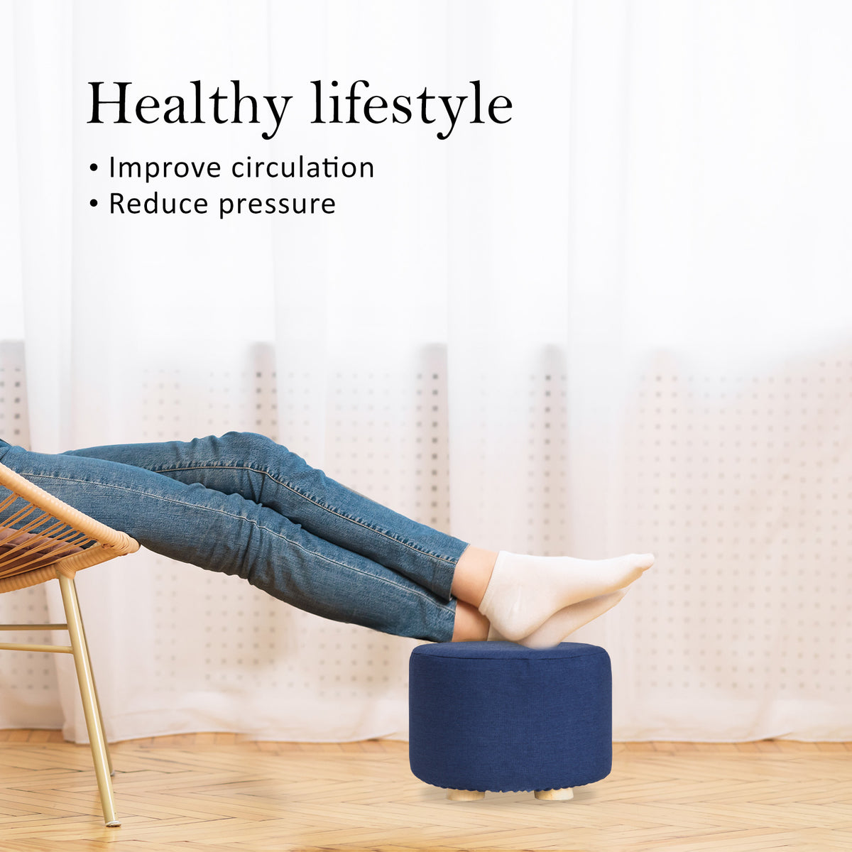 Fabric Ottoman Round Wooden Leg Foot Stool | DARK BLUE