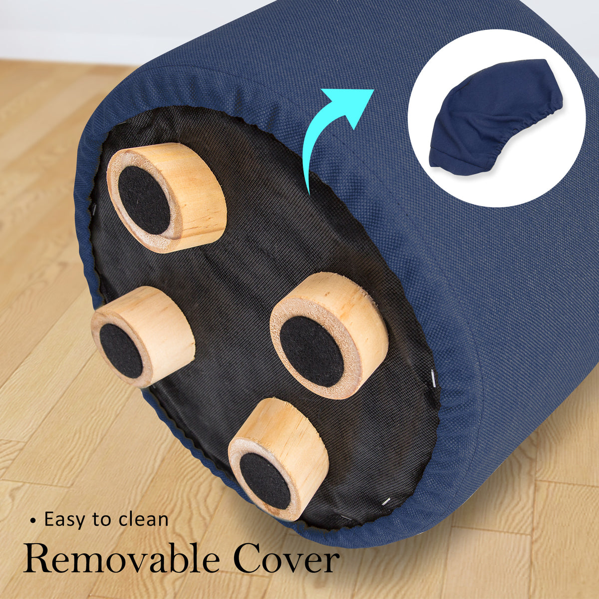 Fabric Ottoman Round Wooden Leg Foot Stool | DARK BLUE