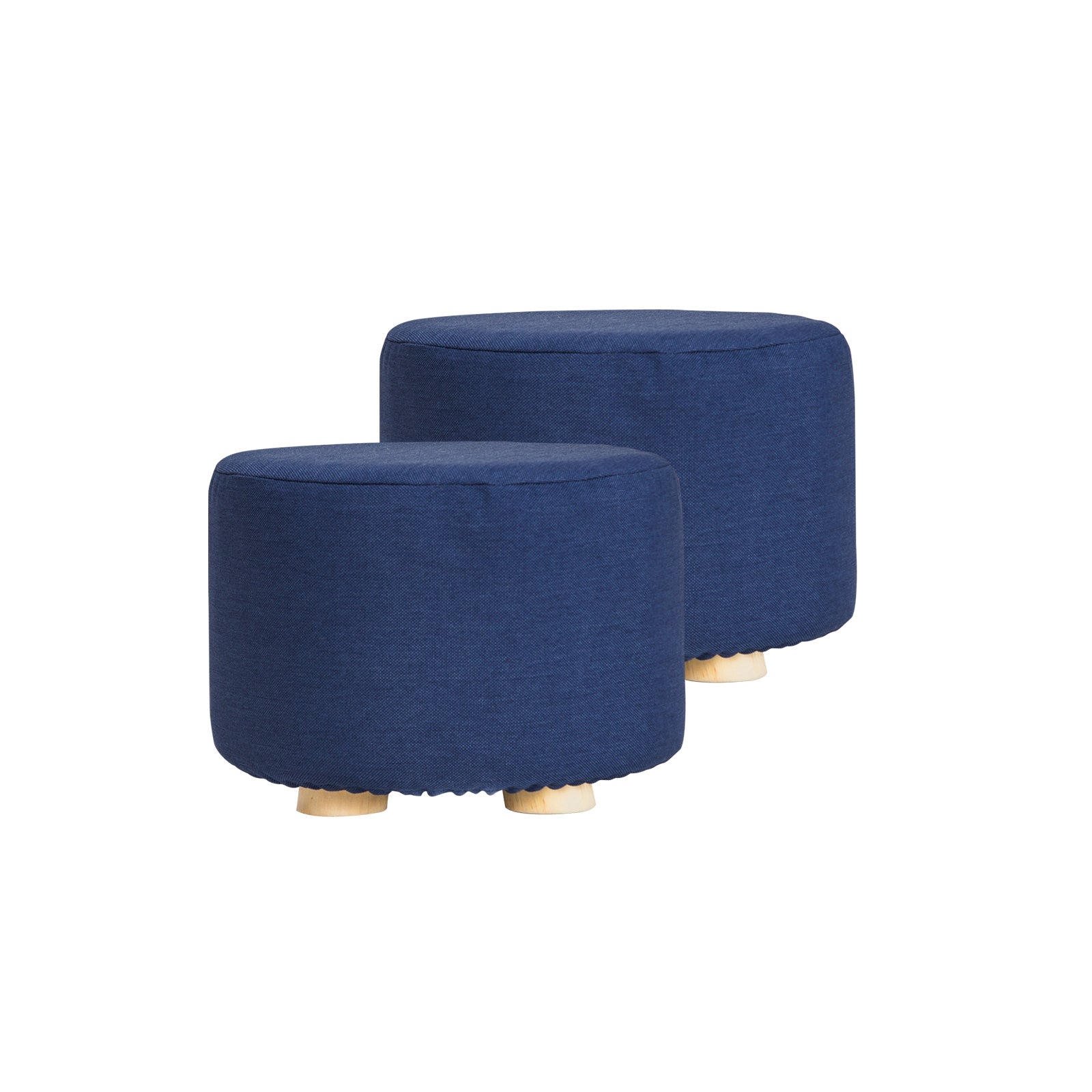 2X Fabric Ottoman Round Wooden Leg Foot Stool | DARK BLUE