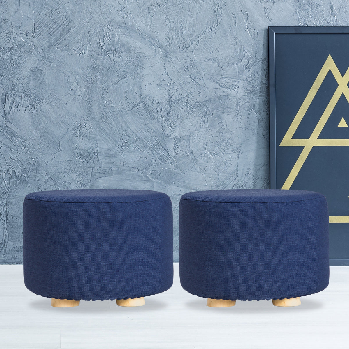 2X Fabric Ottoman Round Wooden Leg Foot Stool | DARK BLUE