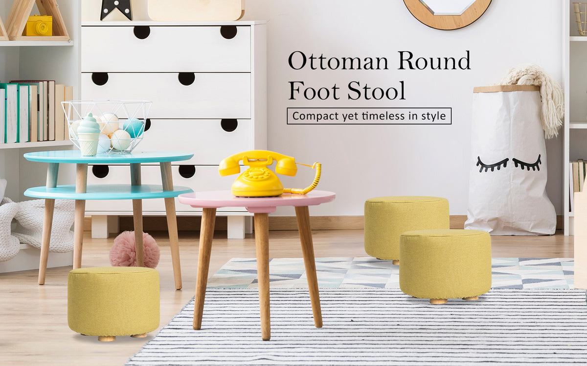 Fabric Ottoman Round Wooden Leg Foot Stool | MUSTARD YELLOW