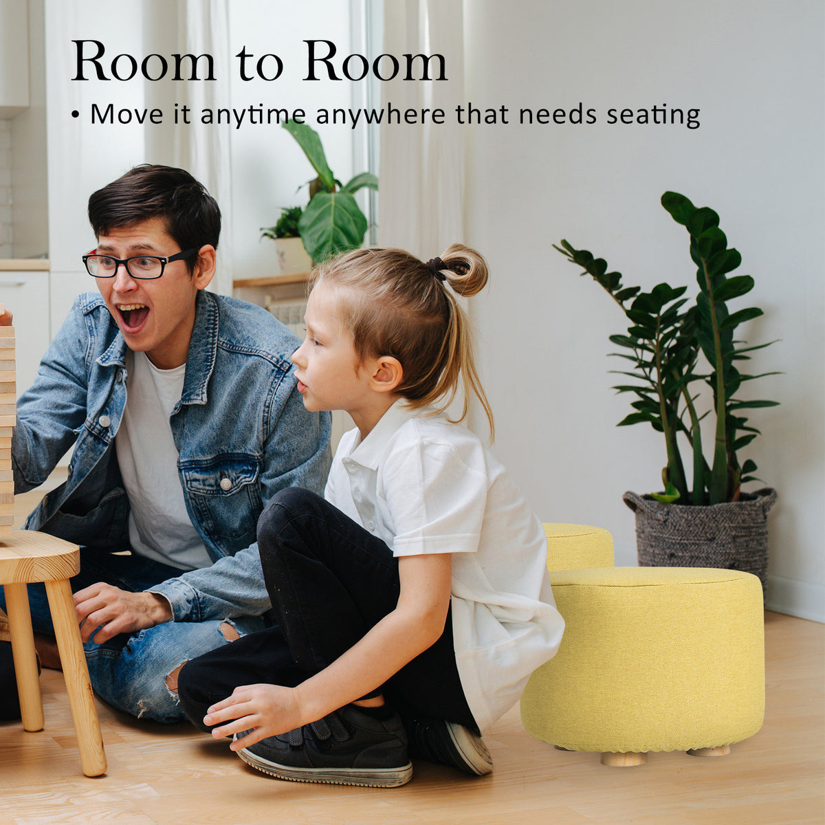 Fabric Ottoman Round Wooden Leg Foot Stool | MUSTARD YELLOW