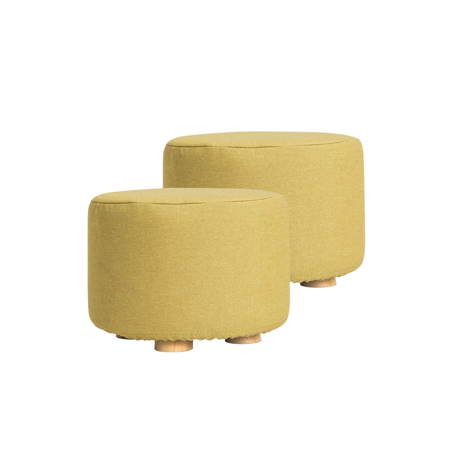 2X Fabric Ottoman Round Wooden Leg Foot Stool | Mustard Yellow