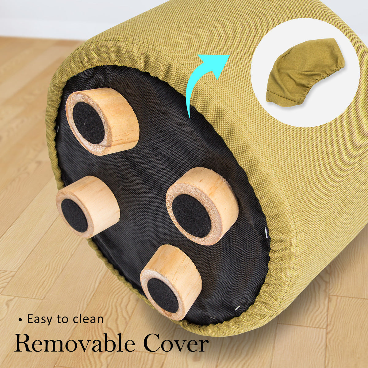 2X Fabric Ottoman Round Wooden Leg Foot Stool | Mustard Yellow