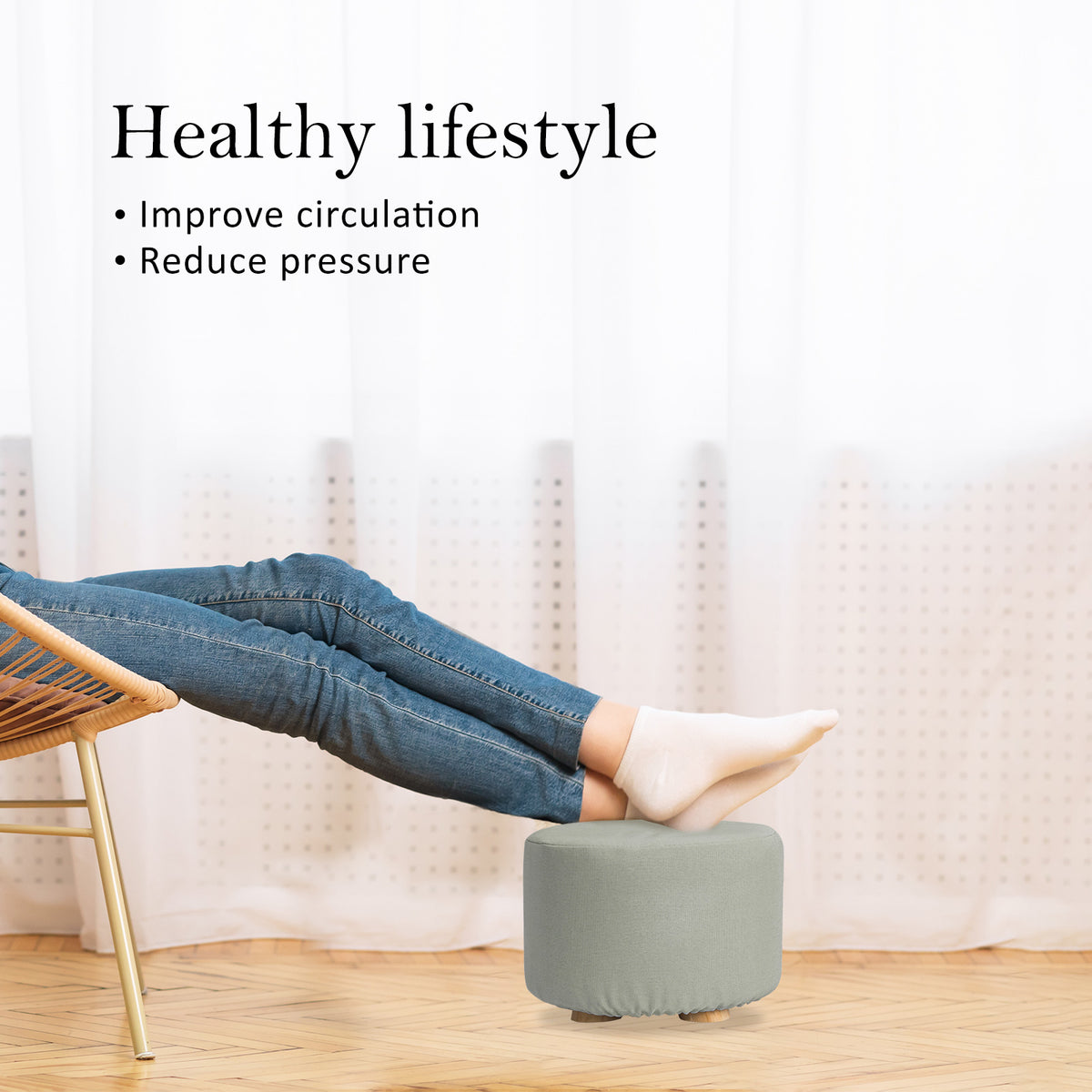 Fabric Ottoman Round Wooden Leg Foot Stool | GREY