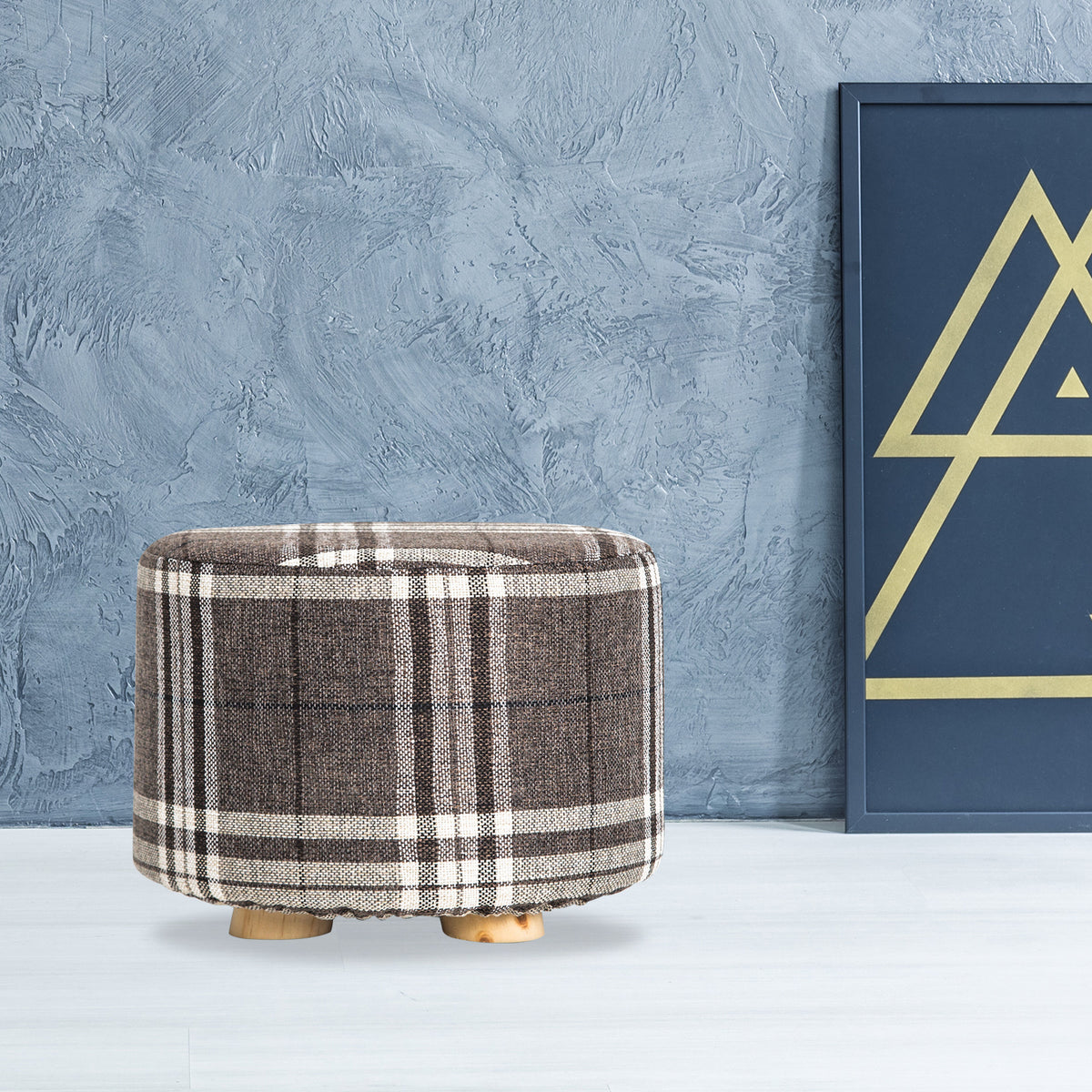 Fabric Ottoman Round Wooden Leg Foot Stool | LATTICE