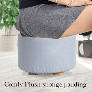 Fabric Ottoman Round Wooden Leg Foot Stool | LIGHT BLUE