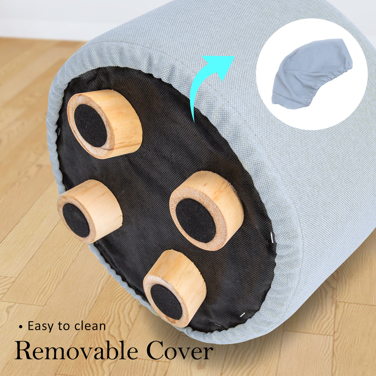 Fabric Ottoman Round Wooden Leg Foot Stool | LIGHT BLUE